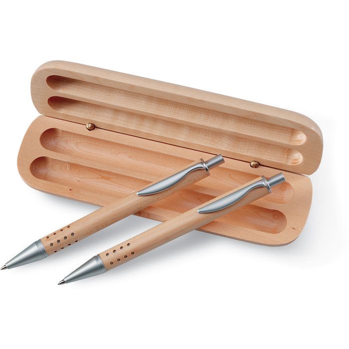 Set met pen en houten potlood in etui